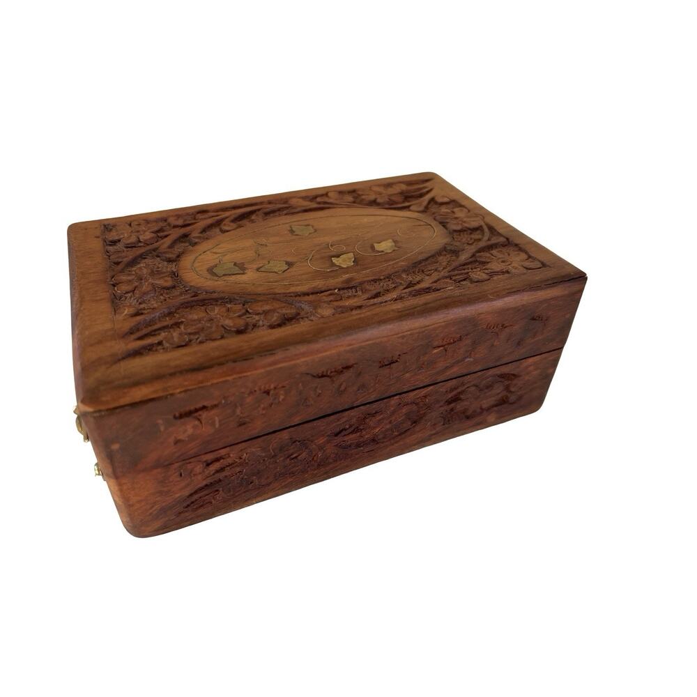 Vintage Hand Carved Wood Jewelry Trinket Stash Box w/ Brass Inlay